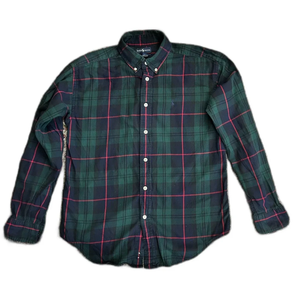 Ralph Lauren Boy's Green Blue Red Tartan Plaid Button-Down LS Shirt Sz L (16-18)